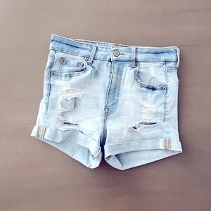 Aéropostale Super High Rise Midi light washed distressed denim